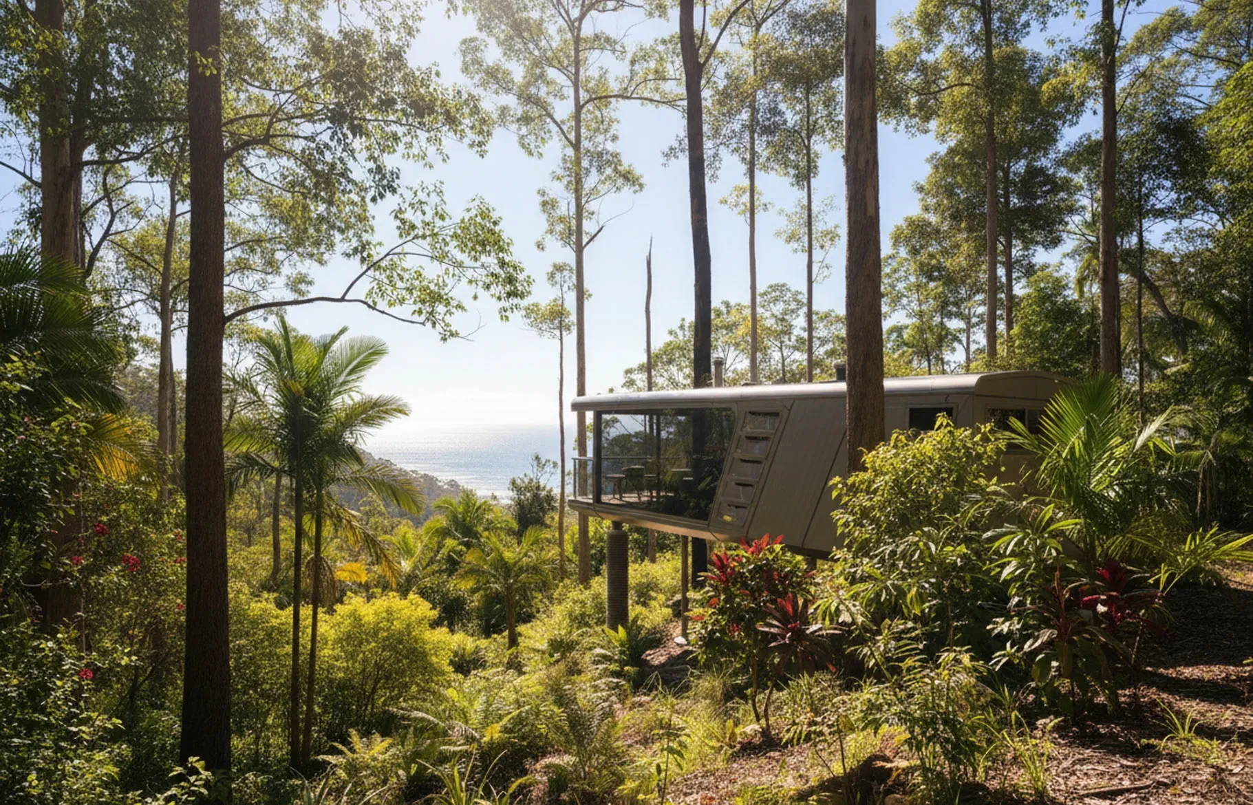 Modular cabin integrated into natural forest landscape