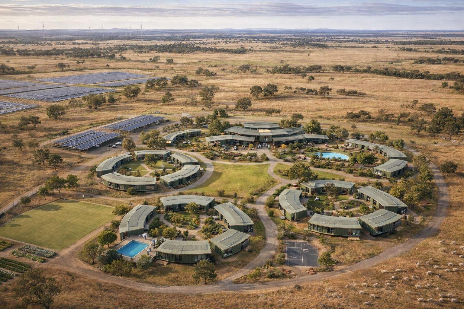 Aerial view of HALO village concept with circular housing clusters and solar farm